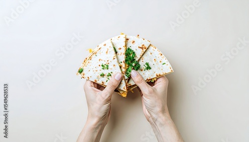 Four Quesadillas with Parsley Held in Hands Against Beige Background cheese