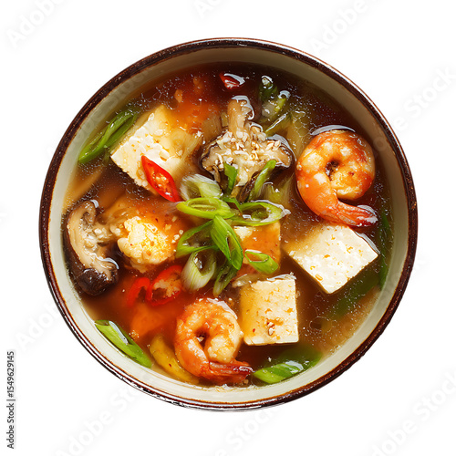 Asian Tofu Shrimp Soup Bowl with Shiitake Mushrooms and Green Onions isolated on a transparent background