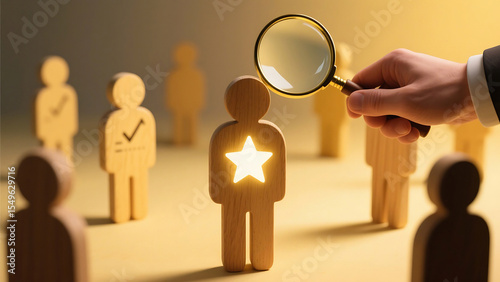 Wallpaper Mural Hand with magnifying glass focuses on wooden figure with star Torontodigital.ca