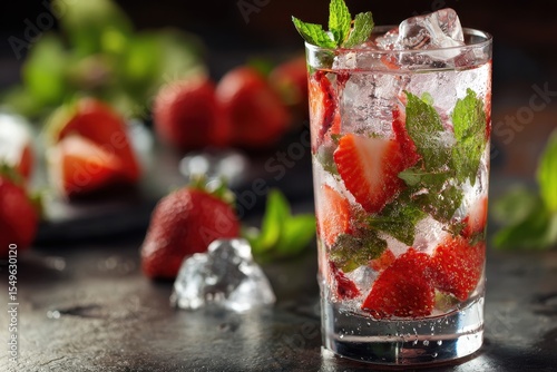Strawberry mojito cocktail with ice and mint focused image in slider format