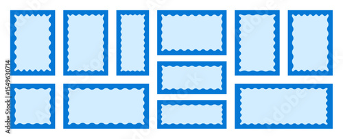 Collection of wavy-edged rectangular stamp templates in blue colors. Scallop frames, zigzag shapes, decorative borders.