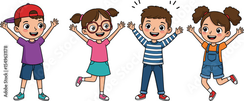 Cartoon kids jumping with joy, happy children celebrating, cheerful boys and girls in colorful outfits, cute young friends excited, fun playful childhood moment, vector illustration.