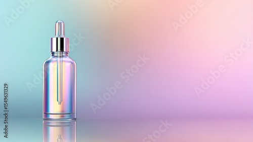 Place a bottle of cosmetic serum with a rainbow gradient on a pastel background. Elegant, minimalist design. Perfect for beauty product ads or editing visual effects.