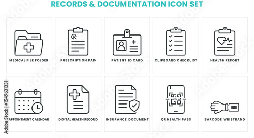 Comprehensive Records and Documentation Icon Set for Medical Files, Health Reports, Digital Records, and Patient Identification Solutions