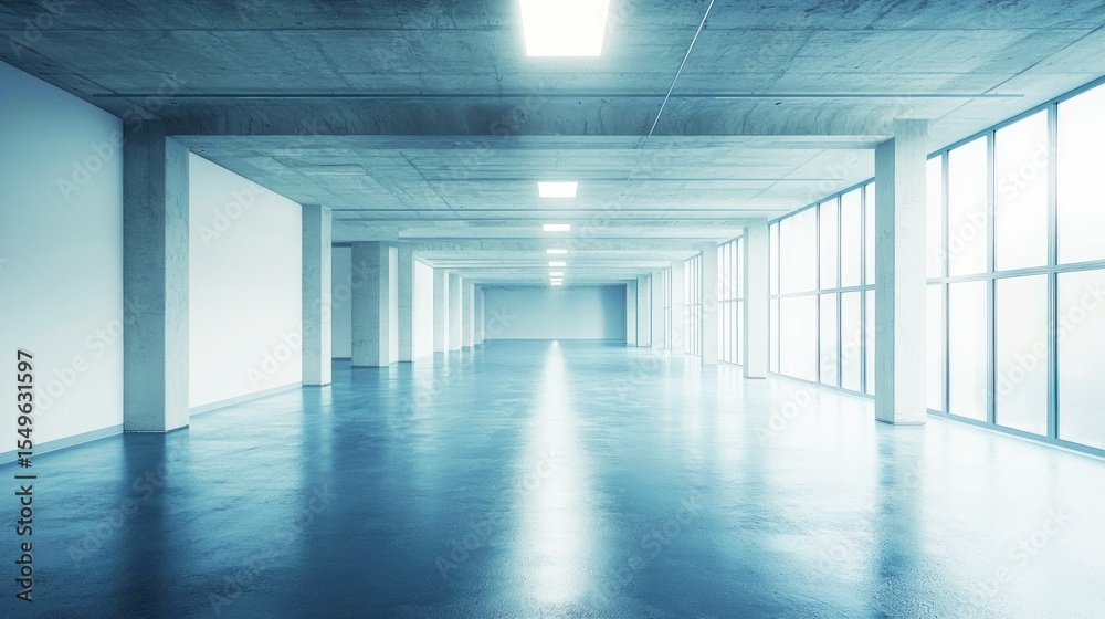Fototapeta premium A spacious, empty concrete room with large windows and concrete pillars, illuminated by natural light.