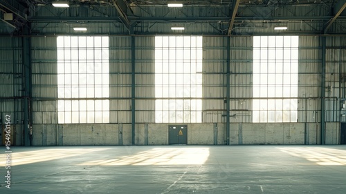 A large  empty industrial hangar with large windows and exposed metal beams. The hangar is devoid of any objects or people  creating a stark  industrial atmosphere.