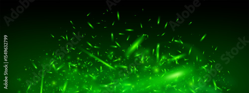 Green magic fire and glowing sparks with flame and toxic fog. Dark fantasy background with flying particles, neon glow, bokeh and ember effect. Abstract festive vector texture with energy burst.