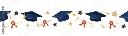 Graduation Cap With Diploma Scrolls And Stars. Horizontal Seamless Border. Banner Education Celebration Concept For Poster And Invitation. Vector Illustration.