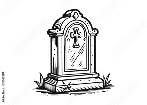A meticulously drawn, black and white sketch of a grave marker.