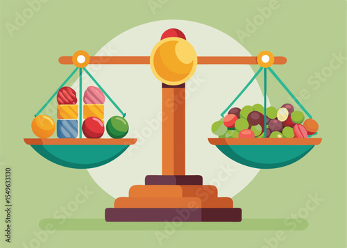 A cartoon illustration of a balance scale, with colorful sweets on one side and a variety of fruits on the other.