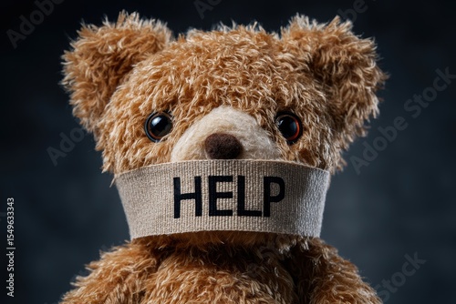 Close up of a toy bear with a taped mouth and HELP written set against a dark backdrop symbolizing domestic violence