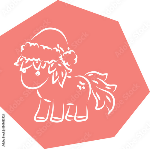 Cute little pony horse with christmas hat on head standing, hand drawn with brush white outlines on pink polygonal background