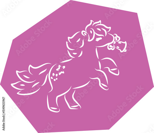 Cute happy little pony horse joyfully rings a small bell which he holds in his mouth, hand drawn with brush white outlines on purple polygonal background