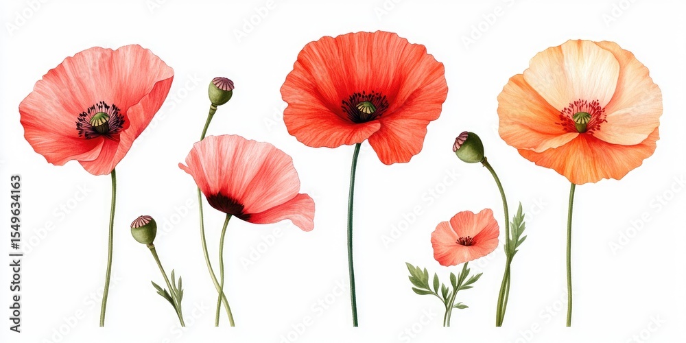 Obraz premium Watercolor Poppies in Various Shades of Orange and Pink