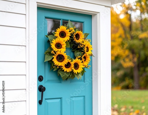 turquoise door with sunflower wreath
