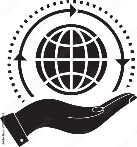 Global network connection and support concept with a hand holding the earth and a circular arrow representing data flow and communication