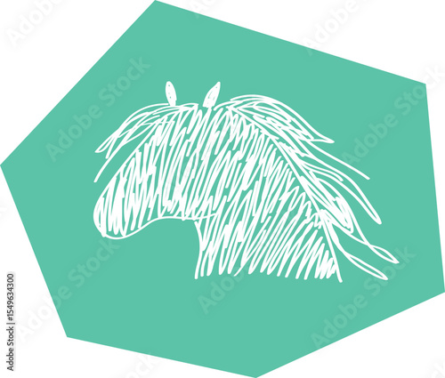 Horse head silhouette outline, line drawing, side view, white curved lines contours on polygonal green background