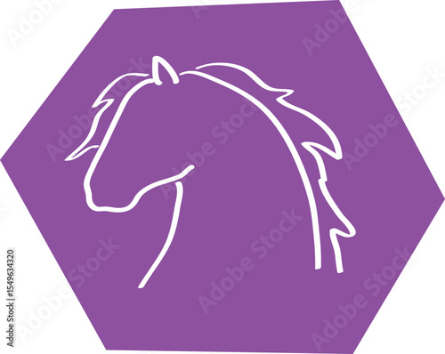 Horse head outline, side view, white curved lines contours on polygonal purple background