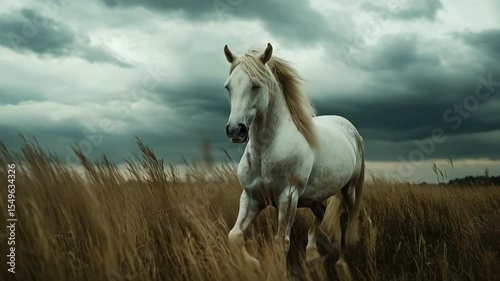 Majestic White Horse Galloping through Tall Grass Field
