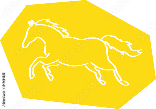 Outline of a galloping horse, side view, white curved lines contours on a polygonal yellow background