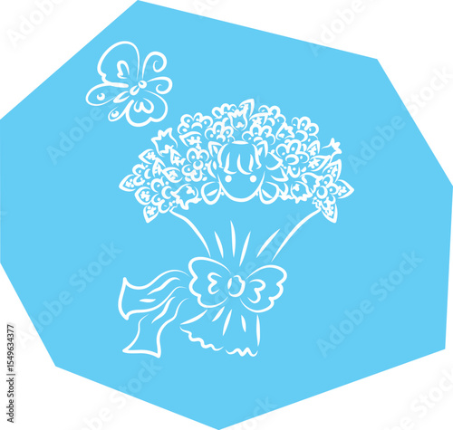 Cute little pony sits in a big bouquet with a bow among flowers and looks at the camera, hand drawn with a brush white outlines on a blue polygonal background