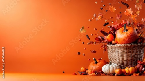 This image showcases a stunning arrangement of pumpkins surrounded by colorful autumn leaves, delivering a warm and inviting fall atmosphere perfect for seasonal themes.