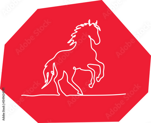 Outline of a horse rearing up in full growth, drawn with one line, white curved lines outlines on a polygonal red background