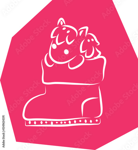 Cute little pony sitting in a big ugg boot and looking out of it, hand drawn with a brush white outlines on a bright pink polygonal background