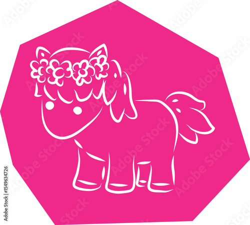 Cute little pony standing with wreath of flowers on head, hand drawn with brush white outlines on pink polygonal background