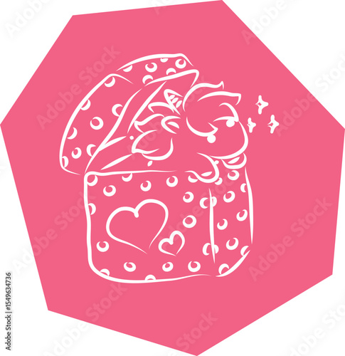 Cute little pony unicorn peeking out of a big polka dot gift box with hearts, hand drawn with brush white outlines on pink polygonal background
