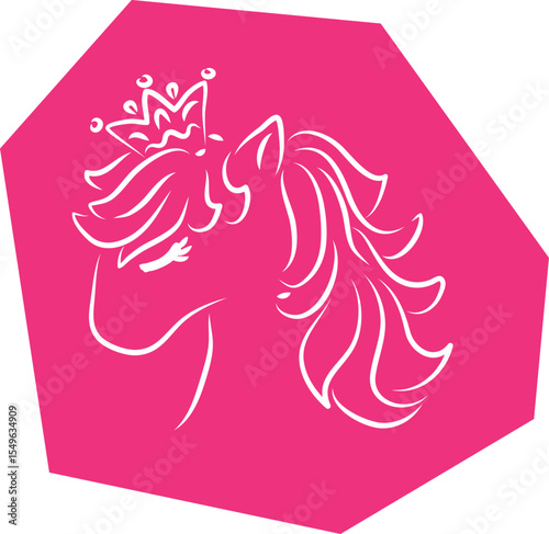 Head of cute pony horse with closed eyes with wavy mane with crown on head, side view, hand drawn with brush white outlines on bright pink polygonal background