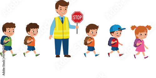 Group of school children crossing road with safety guard, cartoon crossing illustration, child pedestrian safety, back to school, road safety education, kids walking with stop sign.