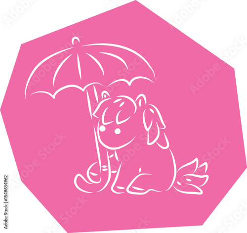 Cute little pony holding a big umbrella and sitting under it, hand drawn with brush white outlines on pink polygonal background