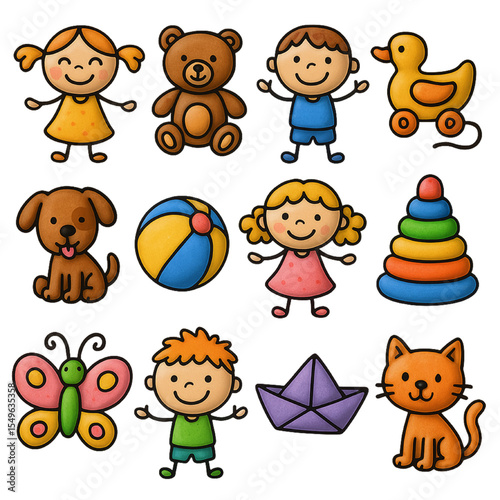 sets of 3d icons transparent PNG of Whimsical children doodle icons bundle, colorful hand-drawn kids with toys and animals on transparent background.