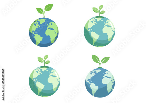 Stylized Earth with a small plant sprouting on top in soft green and blue, flat vector illustration isolated on white
