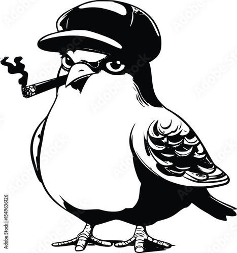 Tough-guy pigeon silhouette, editable vector illustration; cool, gangster bird in newsboy cap smoking cigar;  bold, monochrome style; perfect for apparel prints.