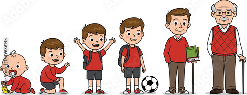Life stages of a boy growing from baby to elderly man, childhood to adulthood illustration, character age progression, education, development, cartoon evolution concept, flat vector.