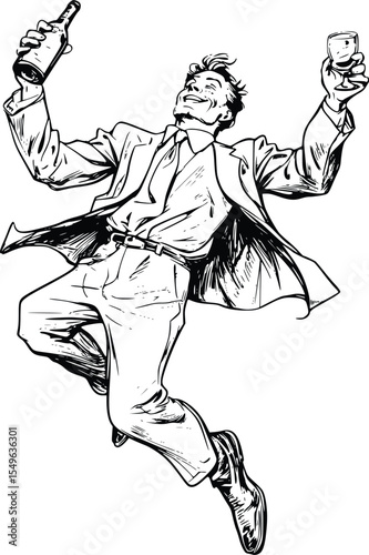 Joyful Editable Vector Silhouette of a Man in a Suit Jumping with Wine Bottle and Glass, Celebrating Success, Hand-Drawn Sketch Style, Energetic Mood.