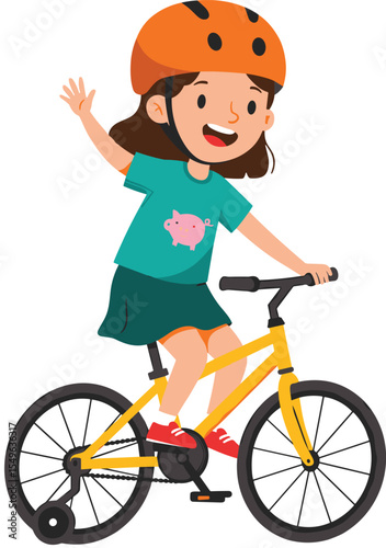 Happy little girl riding yellow bicycle with helmet, cycling safety concept, childhood outdoor activity, kids exercise, smiling child bike riding illustration, fun learning and playtime moment.