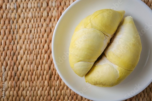 Close up of Fresh Durian on white plate  , top view food table, fruit	