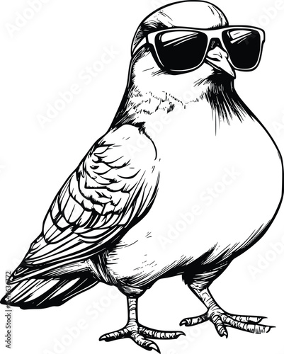 Cool Pigeon Silhouette: Editable Vector Illustration, Hand-Drawn Style,  Stylish Bird Wearing Sunglasses, Monochrome Graphic,  Trendy Aviary Design Element, Perfect for Apparel Prints.