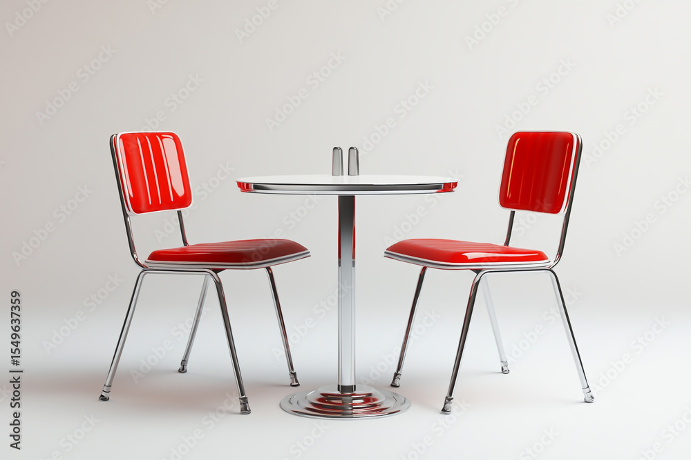 Obraz premium Red and white retro diner table with two chairs, isolated on a clear background, front view, in the style of a stock photo