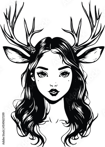 Elegant Woman Silhouette with Deer Antlers: Editable Vector, Dark, Mystical, Hand-Drawn Illustration, Stylish, Fashionable, Feminine, Intricate Line Art,  Graphic Design Element, Printable.