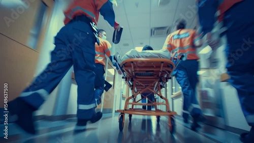 Emergency Response: A blurred, dynamic image captures the urgency of paramedics rushing a patient on a stretcher through a hospital corridor, symbolizing life-saving action and medical care.