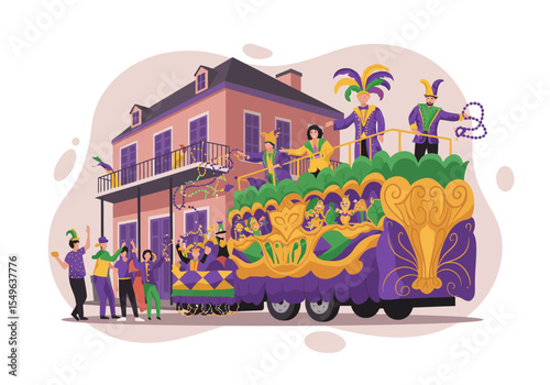 Vibrant Mardi Gras parade float on a festive Bourbon Street in New Orleans.