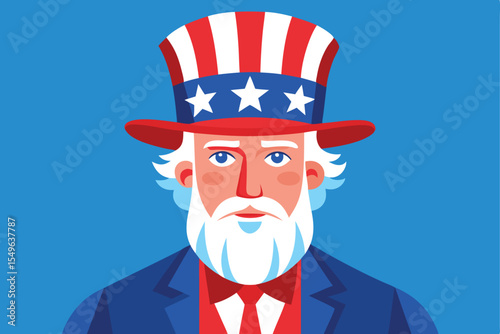 Uncle Sam illustration with red white and blue hat on blue background