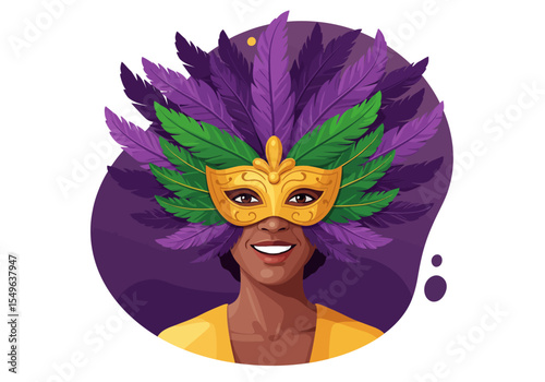 Beautiful African-American woman wearing an elaborate feathered mask for Mardi Gras carnival.
