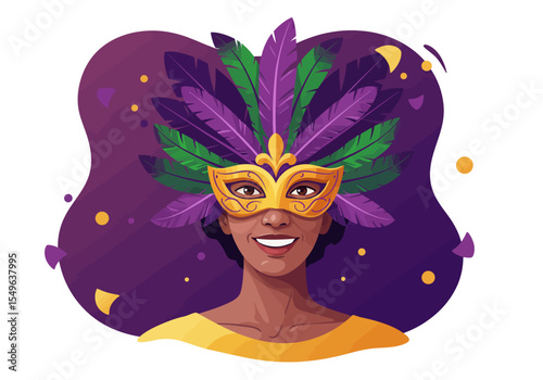Beautiful African-American woman wearing an elaborate feathered mask for Mardi Gras carnival.