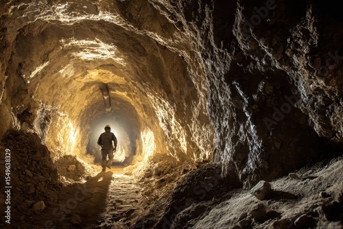 Vintage niobium mine tunnel with explorer