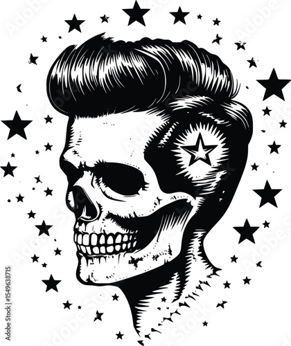 Editable vector silhouette: Rockabilly skull profile, detailed line art, stylish pompadour hairstyle, encircled by stars, edgy, monochrome, vintage tattoo design aesthetic.